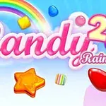 Farverig grafik med ordet Candy i lyserød tekst, omgivet af regnbue og forskellige slikformer som stjerne, kugle og terning