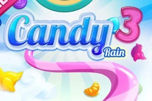 Farverige slikfigurer og en stor lyserød skråstribe med teksten Candy Rain 3 i blå og hvid skrift