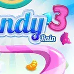 Farverige slikfigurer og en stor lyserød skråstribe med teksten Candy Rain 3 i blå og hvid skrift