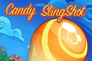 Titeltekst Candy SlingShot med en stor orange og gul stribet bolcheformet kugle mod en blå himmel med skyer og blomster