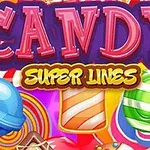 Farverige slikillustrationer med store bogstaver, der siger CANDY SUPER LINES, og forskellige typer af slik i baggrunden