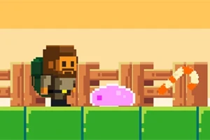Pixelkunstscene med en karakter med rygsæk, et lyserødt slim og en orange-hvid genstand mod en træbaggrund