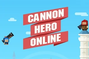 To figurer med kanoner, en blå til venstre og en rød til højre, står på bygninger med teksten Cannon Hero Online i midten mod en blå baggrund