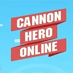To figurer med kanoner, en blå til venstre og en rød til højre, står på bygninger med teksten Cannon Hero Online i midten mod en blå baggrund