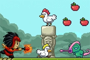 En pixelkunstscene med en figur med rødt hår, der skyder ildkugler mod en statue, to høns og en grøn væsen med en blaster i en naturbaggrund med flydende jordbær