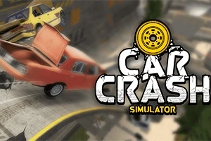 En orange bil med åben bagagerum klædt på en vej, med en gul bil i baggrunden og teksten Car Crash Simulator med et hjul-symbol til højre