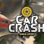 En orange bil med åben bagagerum klædt på en vej, med en gul bil i baggrunden og teksten Car Crash Simulator med et hjul-symbol til højre