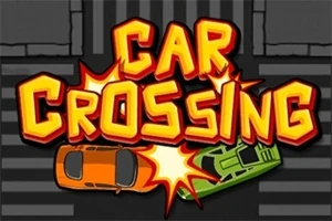 Tekst Car Crossing i lyse farver over en illustration af to biler, der kolliderer på en vej