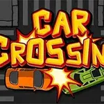 Tekst Car Crossing i lyse farver over en illustration af to biler, der kolliderer på en vej