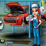 Kvindelig mekaniker i blåt arbejdstøj står i en garage med en rød bil på liften, mens der er værktøj på gulvet