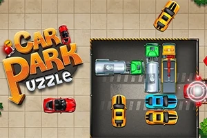 Tekst Car Park Puzzle med små biler og en parkeringsplads fyldt med farverige køretøjer