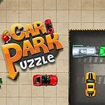 Tekst Car Park Puzzle med små biler og en parkeringsplads fyldt med farverige køretøjer