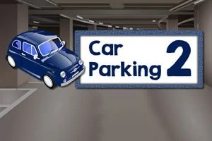 Blå bil og tekst Car Parking 2 i en parkeringsgarage