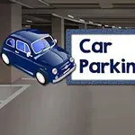 Blå bil og tekst Car Parking 2 i en parkeringsgarage
