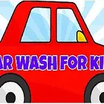 Rød tegneseriebil med teksten Car Wash for Kids skrevet i blå bogstaver