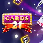 Kortspil med flyvende spillekort og teksten Cards 21 på en farverig baggrund