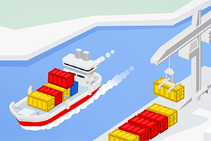 Et containerfragtskib i en havn bliver lastet med gule og røde containere ved hjælp af en kran