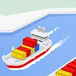 Et containerfragtskib i en havn bliver lastet med gule og røde containere ved hjælp af en kran