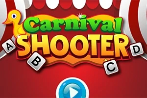 Carnival Shooter Farverigt skilt med teksten Carnival Shooter, omgivet af fire bogstaver og en stor play-knap