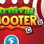Carnival Shooter Farverigt skilt med teksten Carnival Shooter, omgivet af fire bogstaver og en stor play-knap