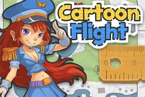Tegning af en kvindelig pilot med rødt hår i blåt uniform og kasket ved siden af teksten Cartoon Flight
