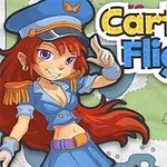 Tegning af en kvindelig pilot med rødt hår i blåt uniform og kasket ved siden af teksten Cartoon Flight