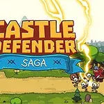 Tegnet scene med en borg til venstre, riddere, fjendtlige væsner og lyn på en grøn mark med stor tekst Castle Defender Saga øverst