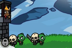 Tegneseriestil billede med en konge i et tårn og små skeletfigurer med sværd på græsset foran