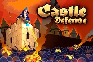 En troldmand står på en borg omgivet af flammer og skyer, med titlen Castle Defense i baggrunden