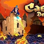 En troldmand står på en borg omgivet af flammer og skyer, med titlen Castle Defense i baggrunden