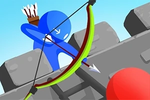 Blå figur med bue og pile skyder mod en rød kugle på en grå mur