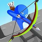 Blå figur med bue og pile skyder mod en rød kugle på en grå mur