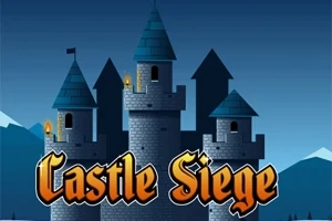 Et middelalderligt slot med tre tårne oplyst af fakler, omgivet af bjerge i baggrunden, med teksten Castle Siege i forgrunden