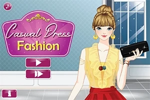 Kvinde med sat hår iført gul bluse og rød nederdel, holder en sort taske foran et vindue, med teksten Casual Dress Fashion skrevet på en lilla tavle