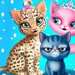 Tre farverige, animerede katte med forskellige udtryk, hvoraf den ene bærer en tiara og en anden har en lyserød sløjfe, på en blå baggrund med små, hvide firkanter