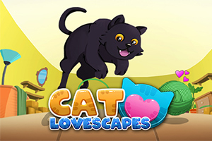 Sort kat hopper over ordet CAT LOVESCAPES med lyserøde hjerter og et garnnøgle i et farverigt rum