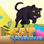 Sort kat hopper over ordet CAT LOVESCAPES med lyserøde hjerter og et garnnøgle i et farverigt rum