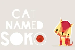 En illustreret kat med geometriske former og røde nuancer ved siden af teksten Cat Named Soko på en lys baggrund
