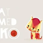 En illustreret kat med geometriske former og røde nuancer ved siden af teksten Cat Named Soko på en lys baggrund