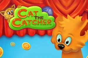 Orange kat med store øjne foran et rødt gardin med teksten Cat the Catcher og mønter i baggrunden