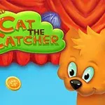 Orange kat med store øjne foran et rødt gardin med teksten Cat the Catcher og mønter i baggrunden