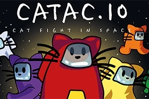 Fem katte i farverige rumdragter svæver i rummet med teksten CATAC