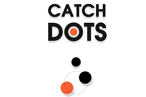 Tekst CATCH DOTS med sorte og orange prikker i en minimalistisk stil på hvid baggrund