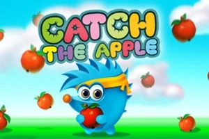 Blå, pigget karakter med briller og gul pandebånd holder et æble med flere æbler svævende omkring i en farverig, tegneseriestil med teksten Catch the Apple øverst