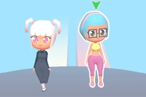 To an anime-lignende figurer med farverigt hår står sammen på en blå baggrund, hvor den ene bærer briller og har et grønt trekant ikon over hovedet