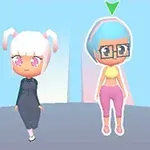 To an anime-lignende figurer med farverigt hår står sammen på en blå baggrund, hvor den ene bærer briller og har et grønt trekant ikon over hovedet