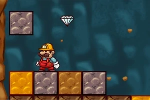 En karakter iført rødt arbejdstøj og hjelm står på blokke af jord og sten med en flydende diamant over sig