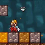 En karakter iført rødt arbejdstøj og hjelm står på blokke af jord og sten med en flydende diamant over sig