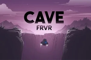 Et lille rumfartøj flyver mellem to klippesider i en lilla og sort bjerglandskab i skumring med teksten CAVE FRVR øverst