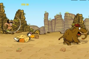 En animeret scene med en hulemand, en dodo og en mammut i et stenlandskab